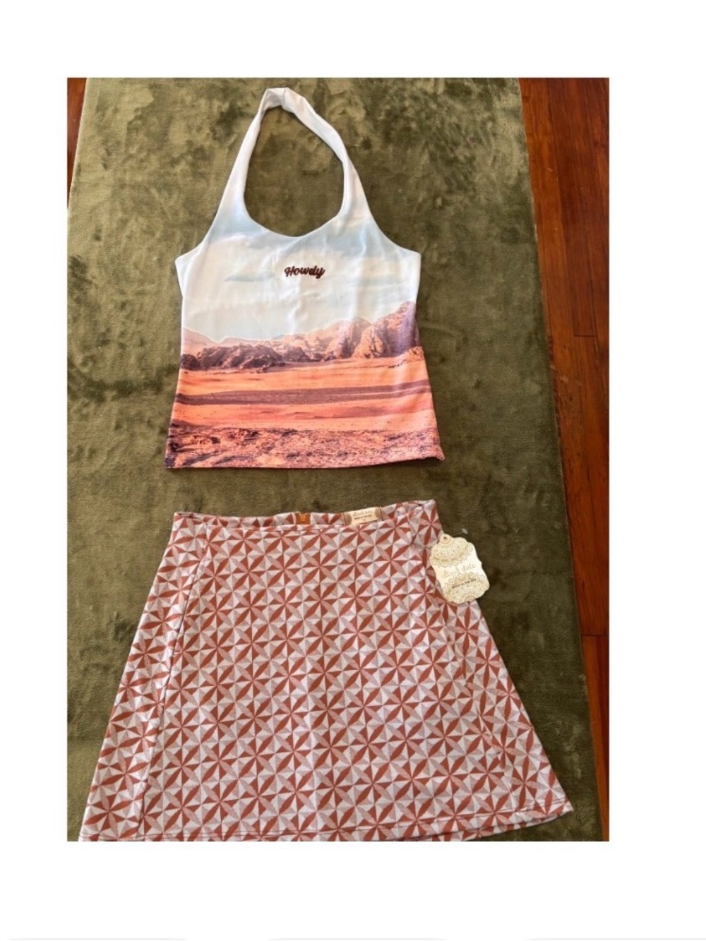 Altar'd State Baby Blue & Brown Geometric A-Line Skirt